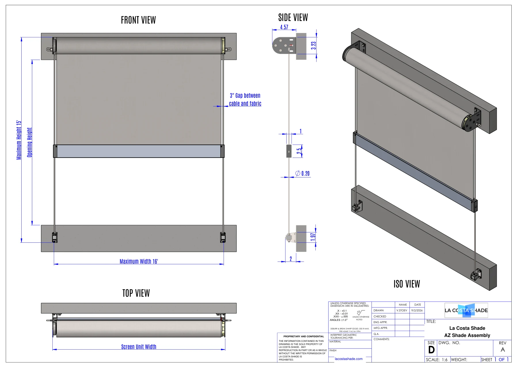 La Costa Shade AZ Shade cable-guided screen assembly drawing with front, side, isometric and top views