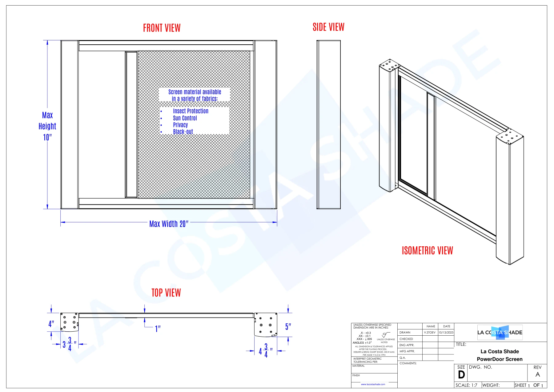 La Costa Shade PowerDoor motorized sliding screen door spec sheet with front, side, isometric and top views