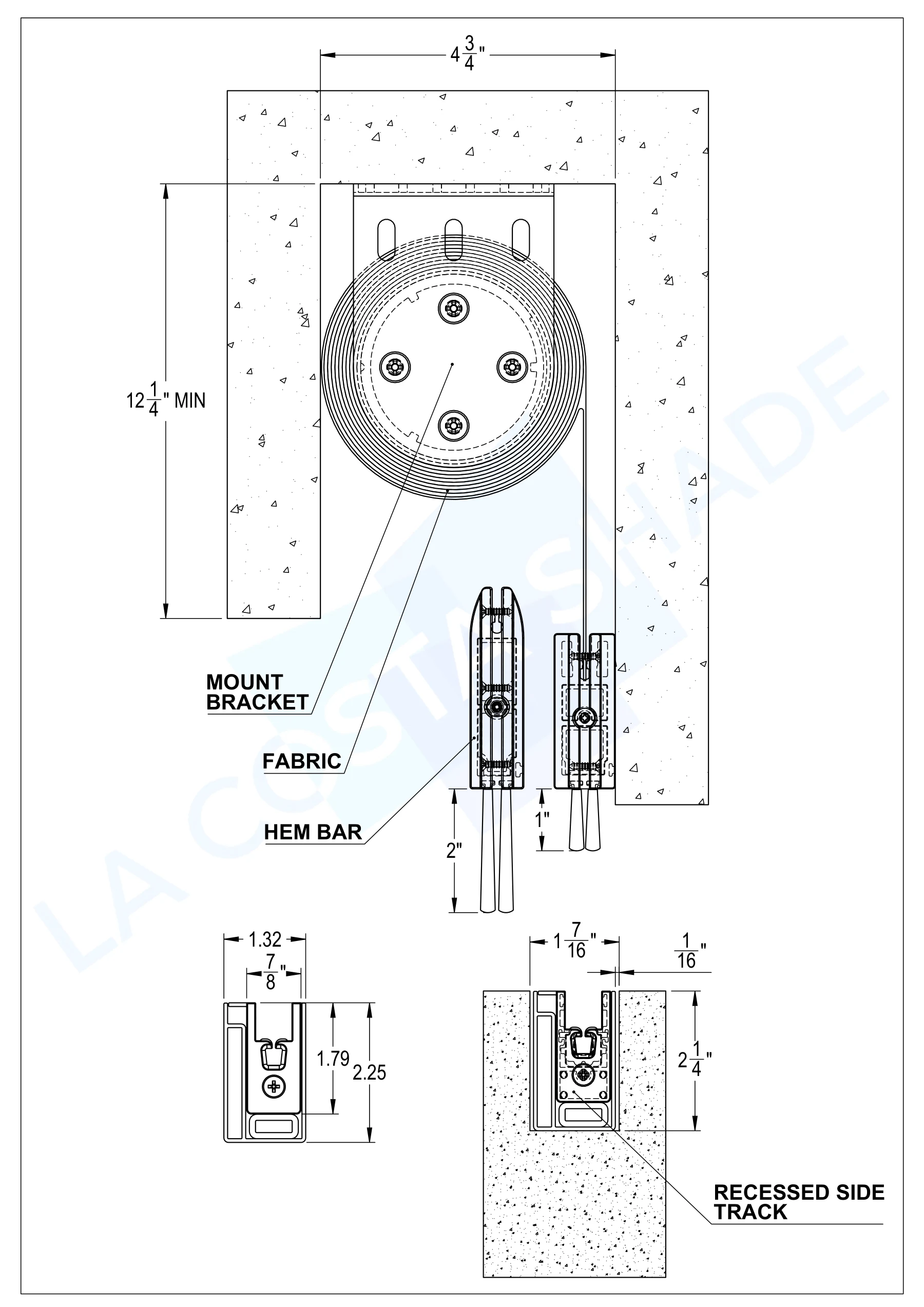 La Costa Shade PowerScreen recessed mount bracket assembly drawing with bracket and side track profiles
