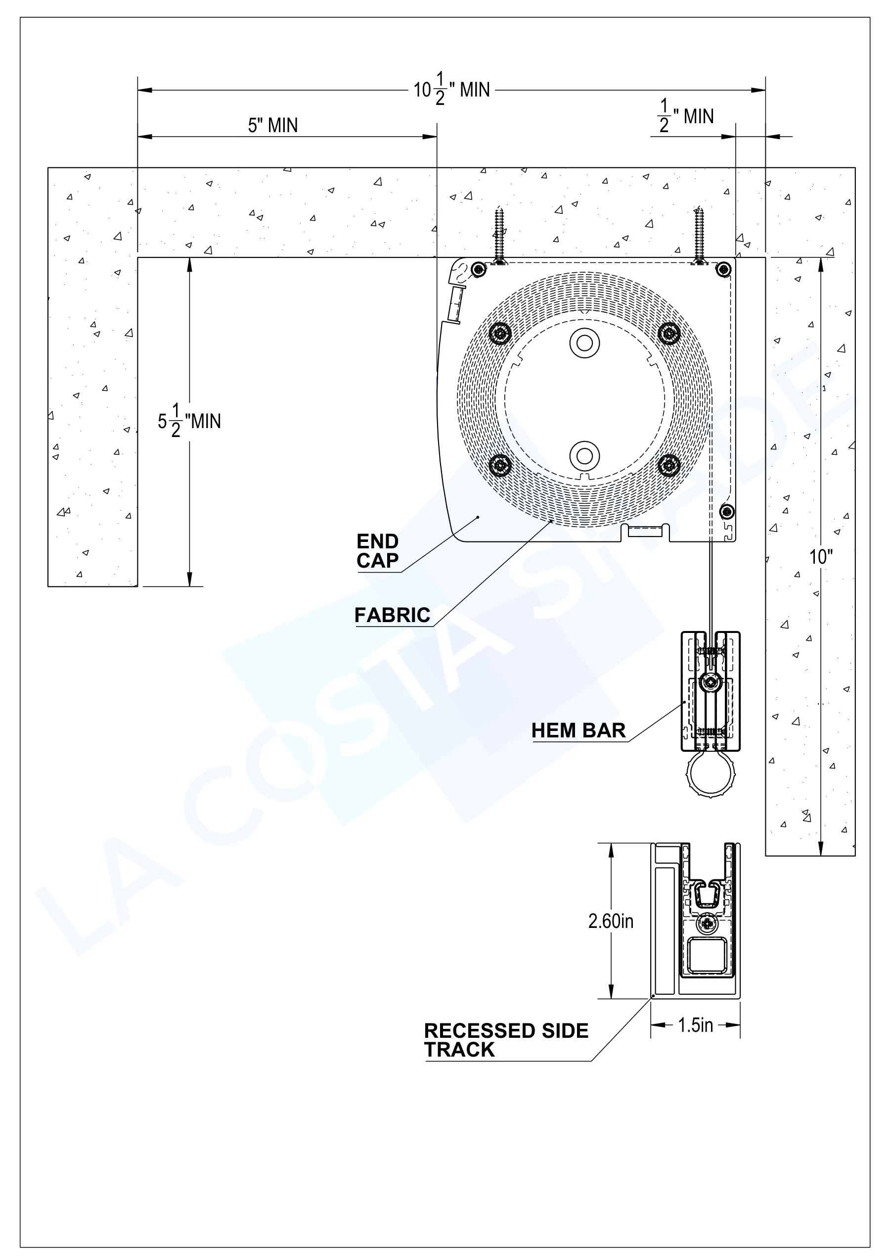La Costa Shade PowerScreen recessed track rough opening drawing showing the header pocket section