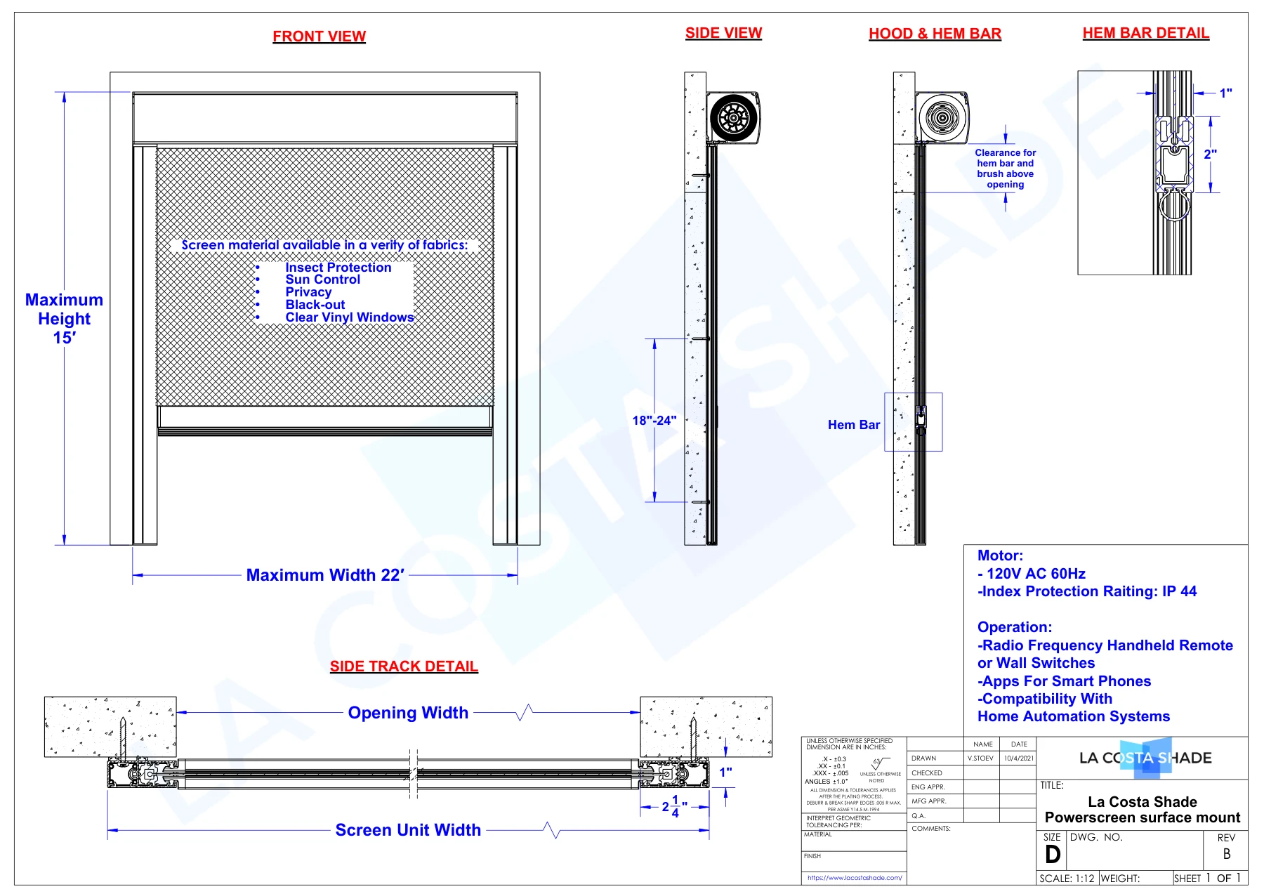 La Costa Shade PowerScreen surface mount specification drawing with front, side, hood and hem bar views